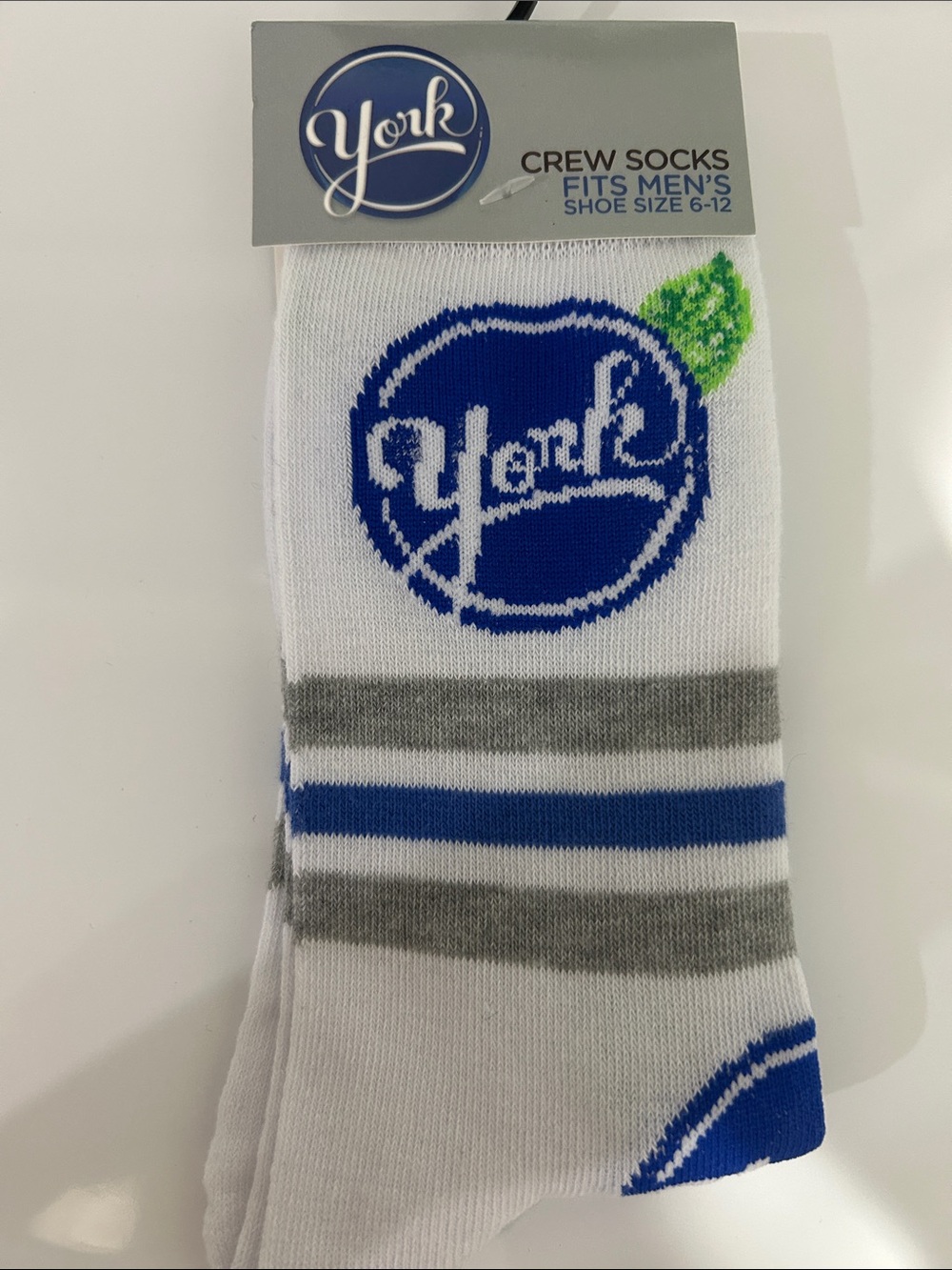 Men's York White Crew Socks with Blue & Gray Stripes